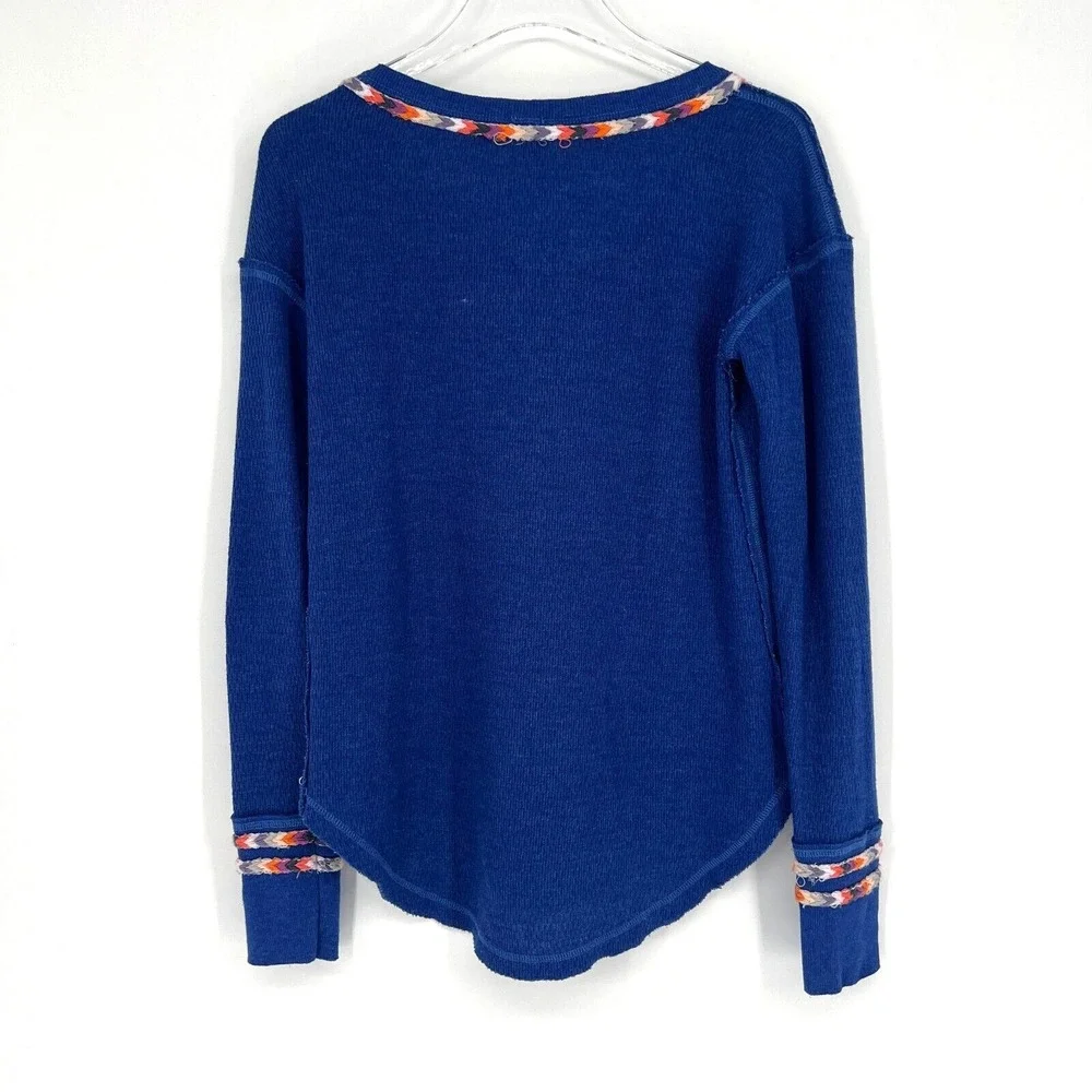 Free People Top Womens‎ S Thermal Henley Blue Embroidered Cuff Long Sleeve